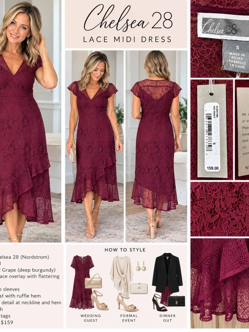 Chelsea28 Lace Midi Dress in Deep Burgundy